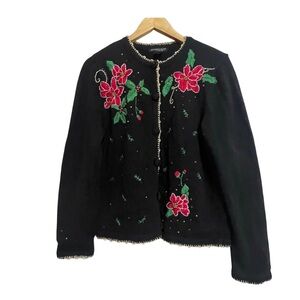 Christmas Floral Embroidered cotton Ramie Black Cardigan‎ Sweater
